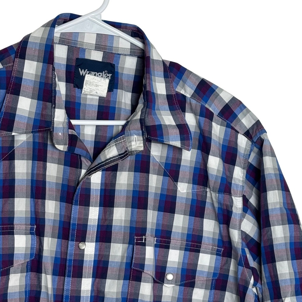 Wrangler Blue White Plaid Pearl Snap Front Short Sleeve Western Shirt XL Vintage